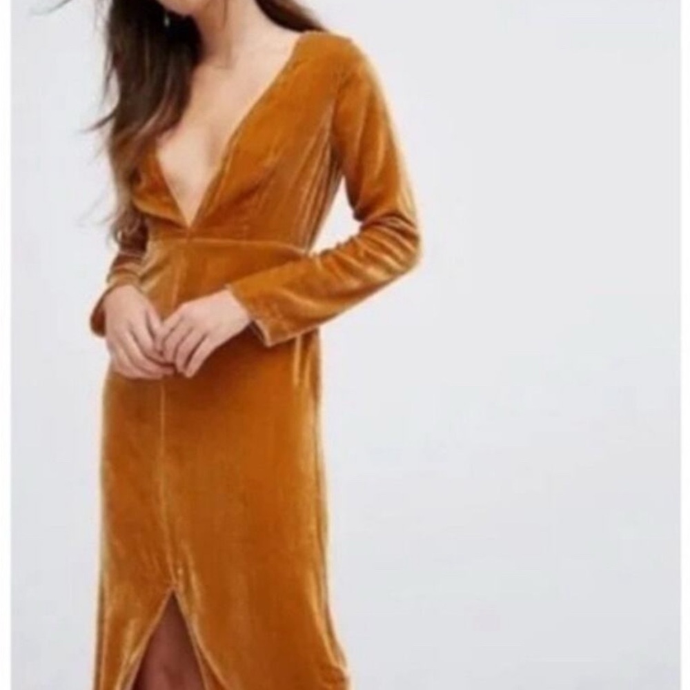 For Love & Lemons Velvet Deep V-Neck Dress in Mustard